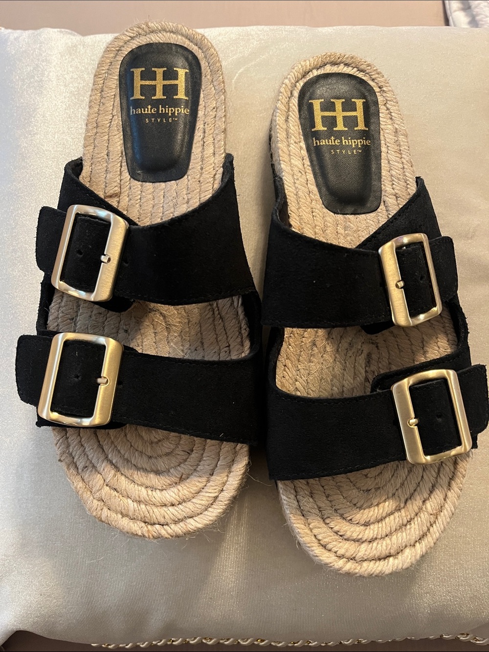 Haute Hippie Black Suede Double-Buckle Espadrille Slide Sandals